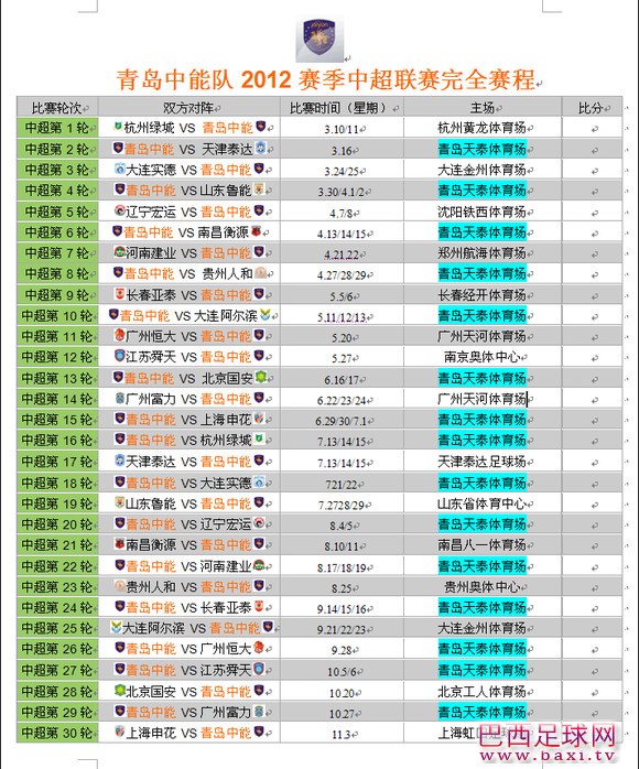 2012中超青岛中能赛程表_2012青岛中能完全赛程