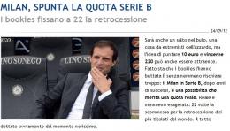 博彩公司为米兰开降级赔率，1赔22