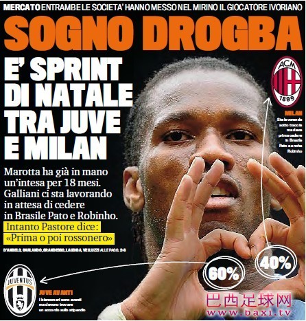 德罗巴有6成可能赴尤文，4成可能赴米兰